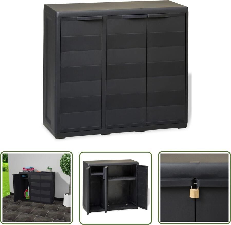 The Living Store Tuinkast met 2 schappen zwart Opslagkast Buitenschrank Tuinkast Kunststof Kast Zwarte Kast - Foto 2