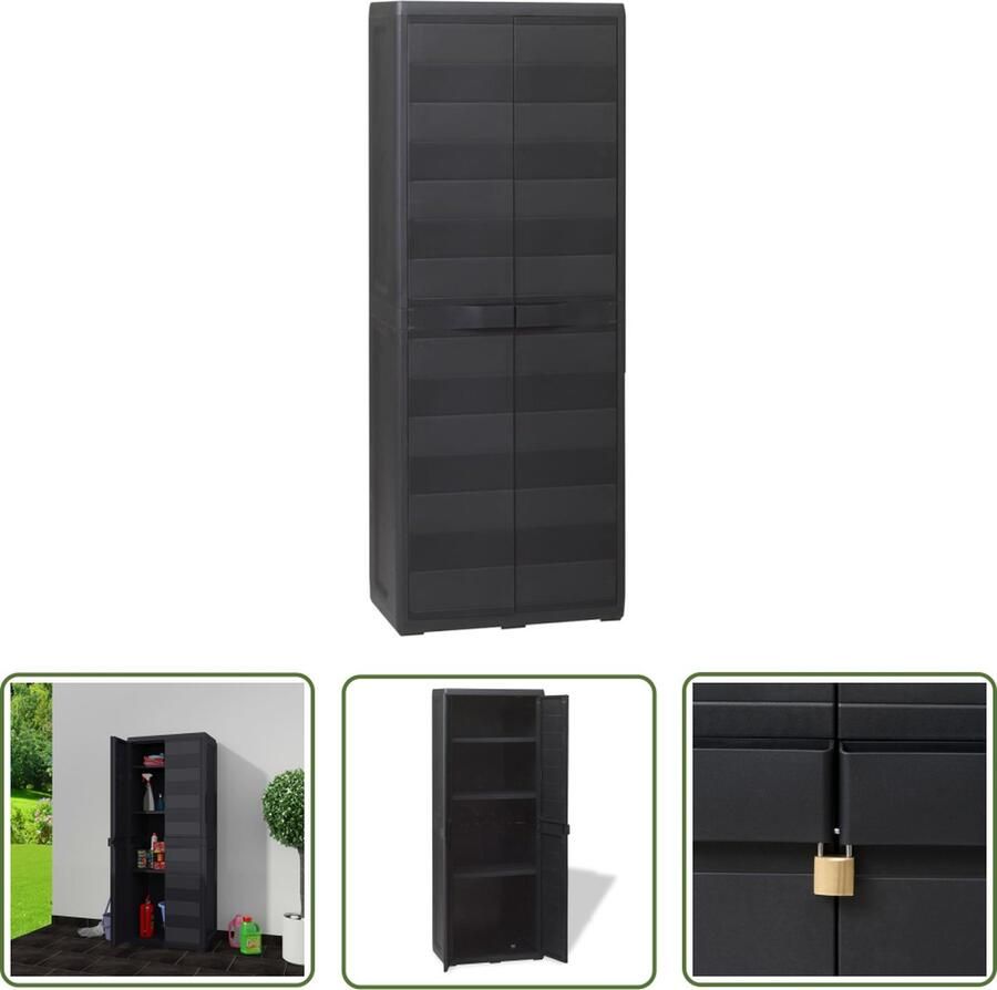 The Living Store Tuinkast Zwart Polypropyleen 65 x 38 x 171 cm TÃV-GS gecertificeerd Tuinkast Buitenschrank Opslagkast Polypropyleen Kast Zwarte Kast - Foto 2
