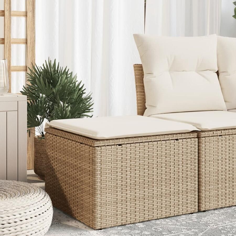 The Living Store Tuinkruk met kussen 55x55x37 cm poly rattan beige Tuinkruk Buitendecoratie Lounge Stoel Patio Set Garden Furniture - Foto 2