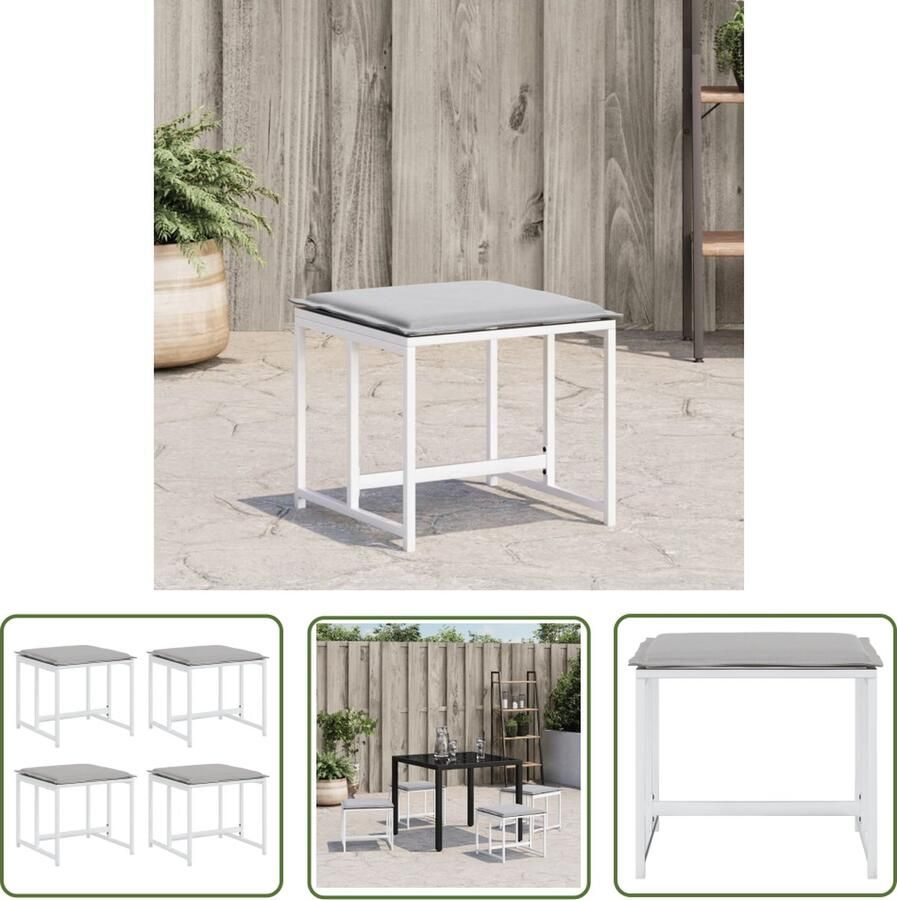 The Living Store Tuinkrukken Set van 4 Textileen en Staal 40 x 40 x 35 cm Wit Tuinstoel Kruk Buitentijd Terrasdecoratie Lounge Set