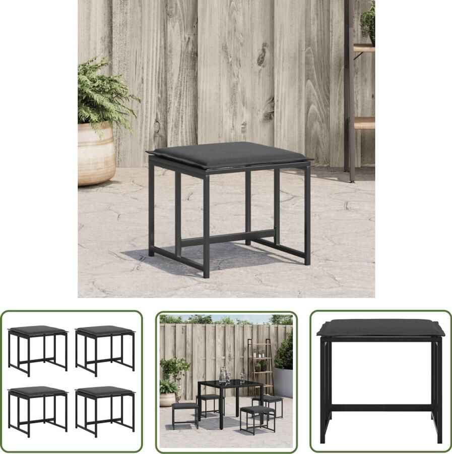The Living Store Tuinkrukken 4 st met kussens staal en textileen zwart Tuinkrukken Zwarte Tuinkrukken Outdoor Stoel Lounge Stoel Tuinstoel
