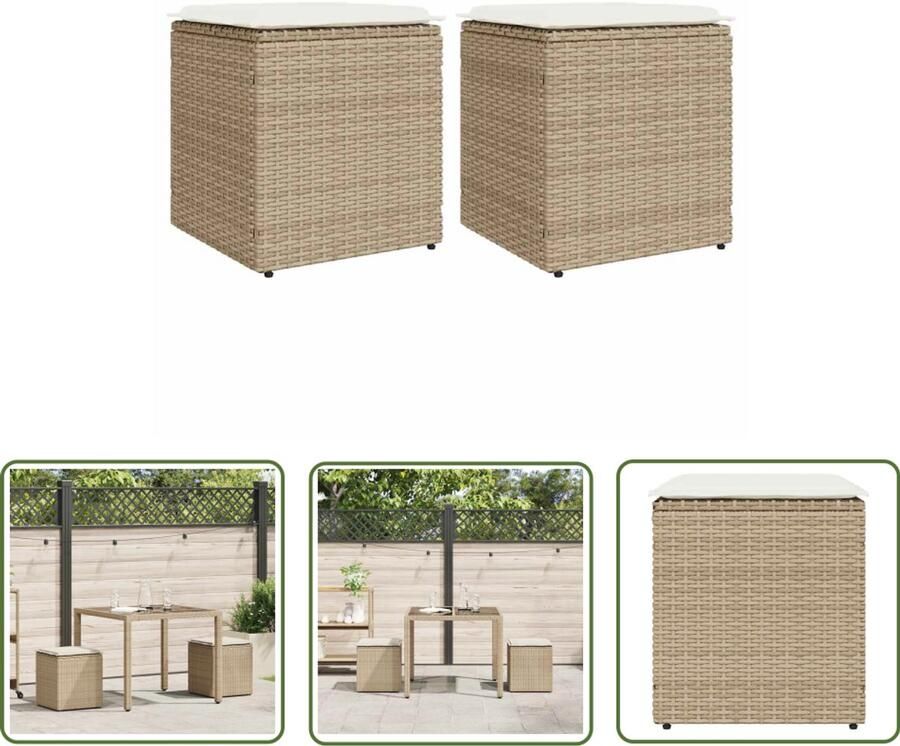 The Living Store Tuinkrukken met kussens 2 st 40x40x43 cm poly rattan beige Tuinstoelen Buitenkrukken Lounge Stoel Terras Meubel Ratten Stoel