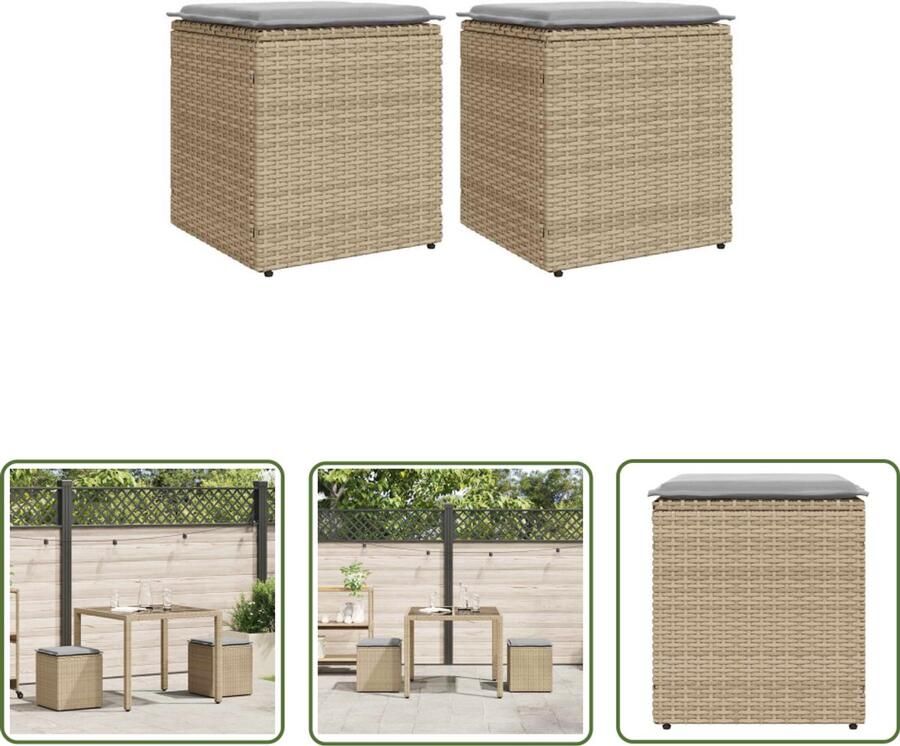 The Living Store Tuinkrukken met kussens 2 st 40x40x43 cm poly rattan beige Tuinstoelen Buitenkrukken Lounge Kruk Relaxfauteuil Terrasmeubilair