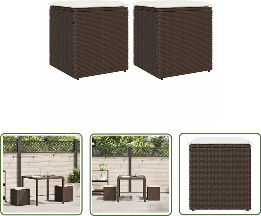The Living Store Tuinkrukken met kussens 2 st 40x40x43 cm poly rattan bruin Tuinstoelen Outdoor Meubilair Lounge Set Terrasset Ratan Kruk