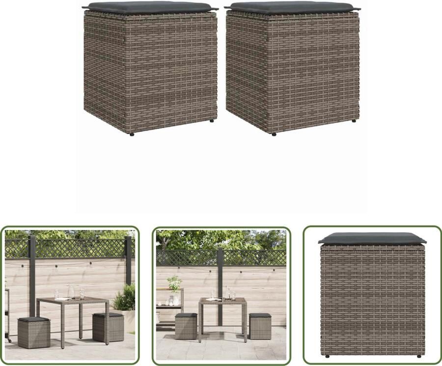 The Living Store Tuinkrukken met kussens 2 st 40x40x43 cm poly rattan grijs Tuinstoelen Outdoor Meubilair Lounge Stoelen Buitendecoratie Patio Furniture