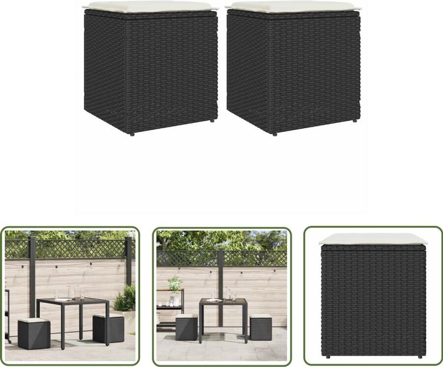 The Living Store Tuinkrukken met kussens 2 st 40x40x43 cm poly rattan zwart Tuinstoelen Buitendecoratie Loungehoek Patioset Balkondecoratie