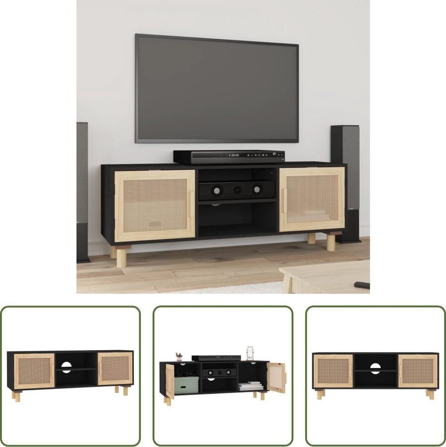 The Living Store TV-kast Klassiek 105x30x40 cm Zwart Bewerkt hout Massief grenenhout Rattan - Foto 2