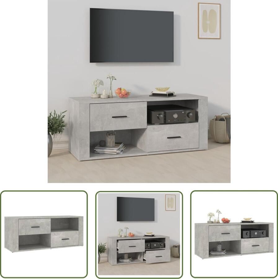 The Living Store Tv-kast Betongrijs bewerkt hout 100x35x40cm Sterk en stijlvol - Foto 2