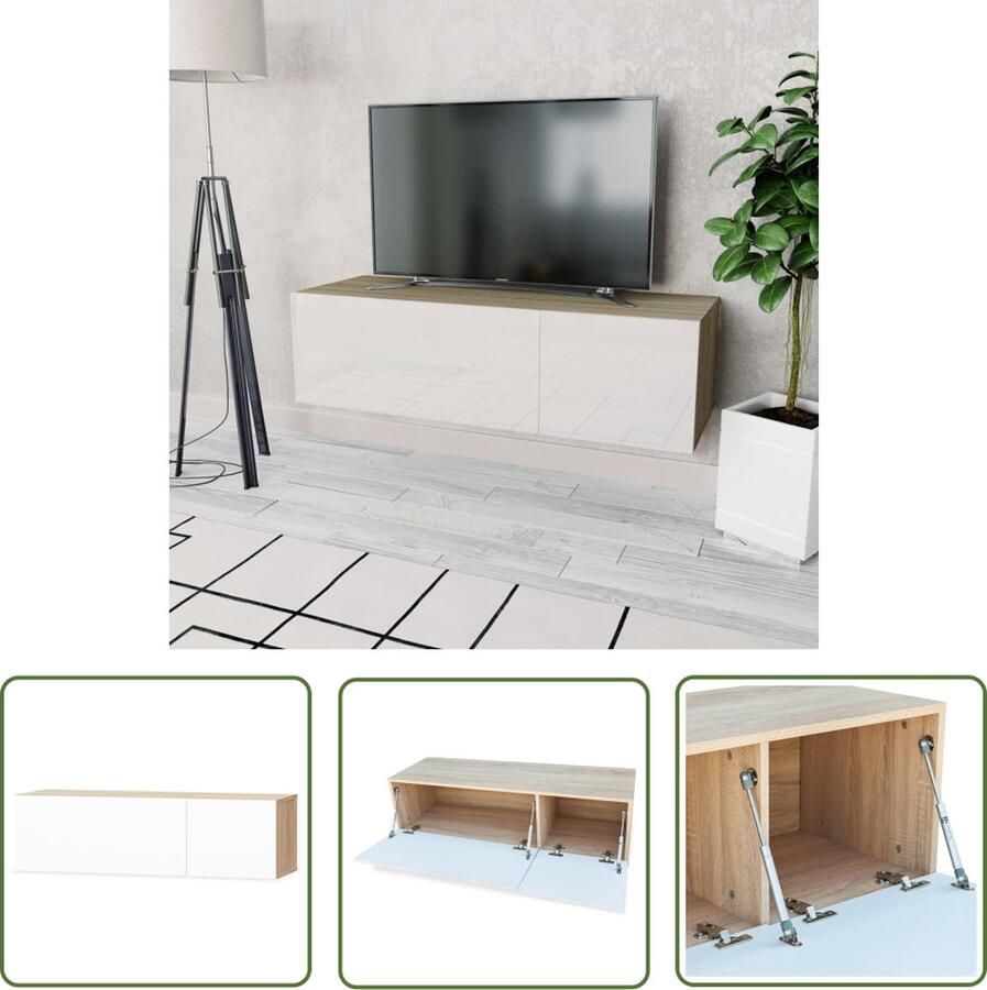 The Living Store Tv-meubel 120x40x34 cm bewerkt hout hoogglans wit en eikenkleur Tv-kast Hfi-kast Mediakast Tv Meubilair Houten Tv-kast - Foto 2