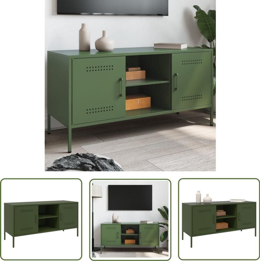 The Living Store Tv-meubel 100 5x39x50 5 cm staal olijfgroen Tv-meubel Industrieel Tv-meubel Staal Tv-meubel Groene Tv-meubel Salontafel