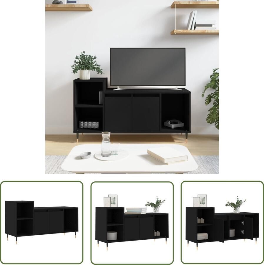 The Living Store TV-meubel Meubelen 100 x 35 x 55 cm Zwart hout en metaal Tv Kast Media Kast Salontafel Houten Tv Stand Zwarte Tv Tafel
