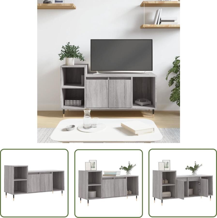 The Living Store Tv-meubel 100x35x55 cm bewerkt hout grijs sonoma eikenkleurig Tv-meubel Salontafel Houten Tv-kast Grijze Tv-kast Media Kast - Foto 2