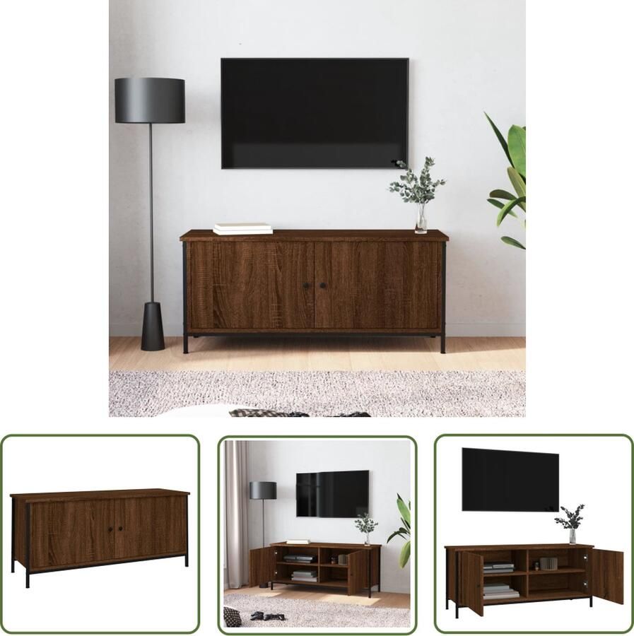 The Living Store TV-meubel Trendy en praktisch ontwerp Duurzaam bewerkt hout Voldoende opbergruimte Stevig blad Praktische deuren Metalen voeten Bruineiken 102 x 35 x 45 cm Montage vereist - Foto 2
