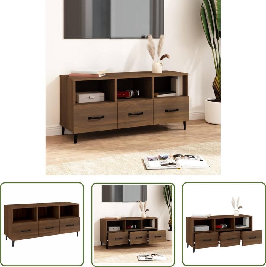 The Living Store Televisiemeubel Modern Bruineiken Bewerkt Hout 102 x 35 x 50 cm Stevig en ruimtelijk Televisiesecretaris Tv Kast Mediastatief Houten Tv Tafel Modern Tv Meubel - Foto 2