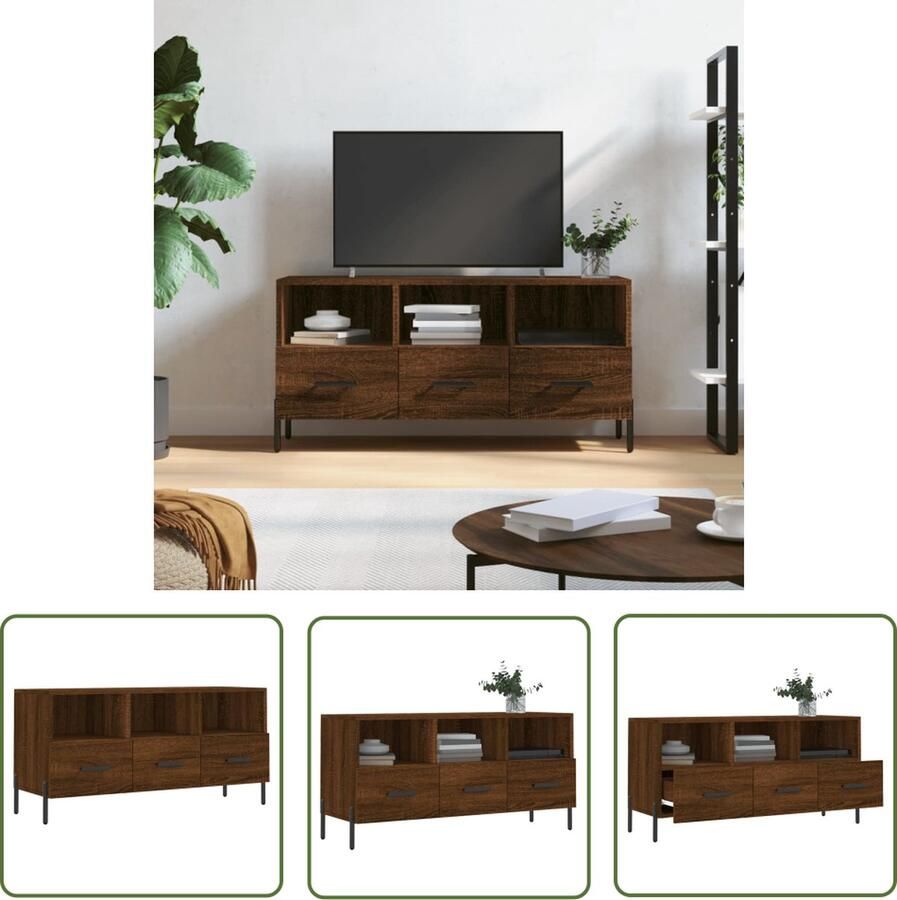 The Living Store TV-meubel Modern Bruineiken 102 x 36 x 50 cm Bewerkt hout en ijzer Tv-meubel Bruin Tv-meubel Houten Tv-stand Media Kast Salontafel - Foto 2