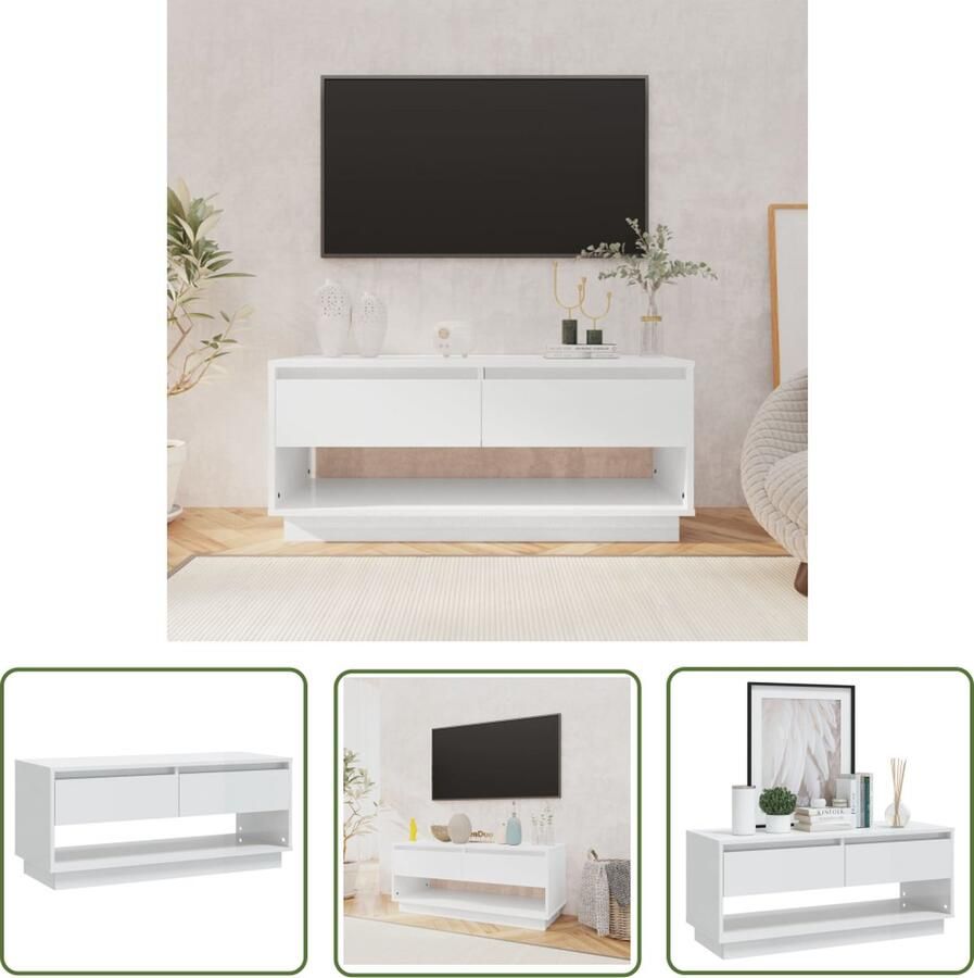 The Living Store Tv-meubel 102x41x44 bewerkt hout hoogglans wit Tv Kast Tv Stand Mediabox Entertainment Center Houten Tv Tafel - Foto 2