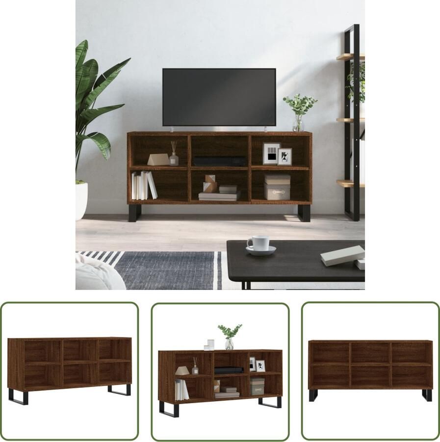 The Living Store Tv-meubel Bruineiken 103.5 x 30 x 50 cm opbergruimte stabiel tafelblad ijzeren poten Tv-meubel Bruineiken Opbergruimte Houten Tv Kast Tv Stand - Foto 4