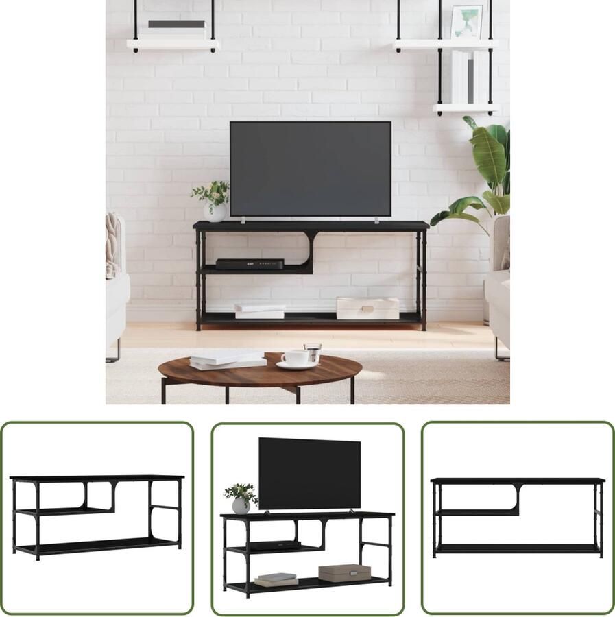 The Living Store Tv-meubel 103x38x46 5 cm bewerkt hout en staal zwart Tv Kast Houten Tv Stand Industriele Meubels Salontafel Black Furniture - Foto 2