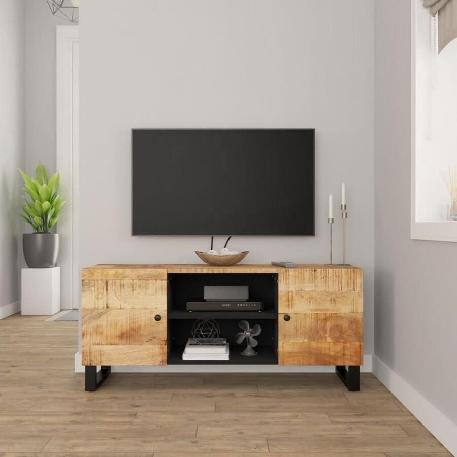 The Living Store Industrieel TV-meubel Massief mangohout 105 x 33 x 46 cm Tv-meubel Mangohout Industrieel Zwart Salontafel