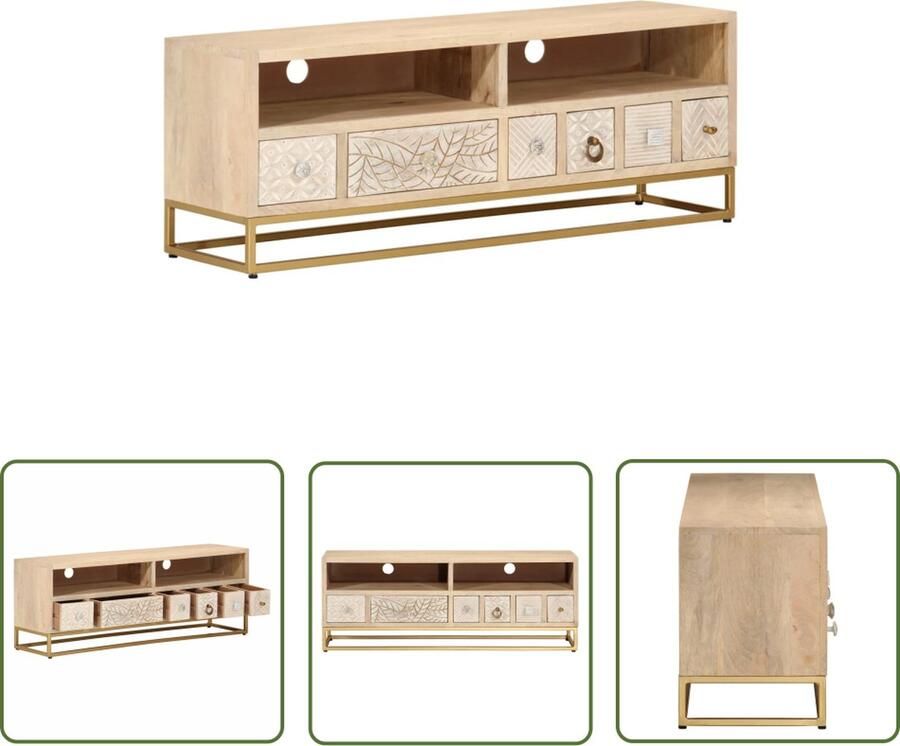 The Living Store Tv-meubel 110x30x40 cm massief ruw mangohout en ijzer TV-meubel Mangohout Houten TV Kast Salontafel Living Room Furniture
