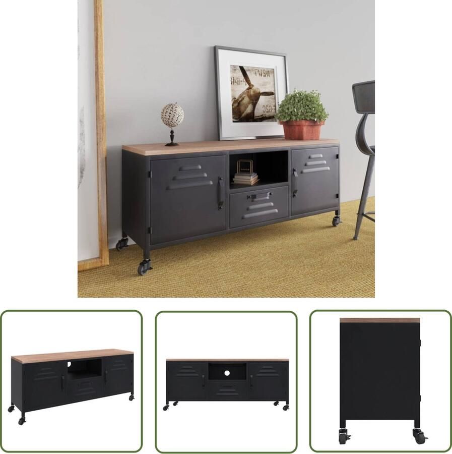 The Living Store TV-meubel Ironwood 110 x 30 x 43 cm zwart montagerequire ijzer en massief vurenhout Tv Kast Tv Meubilair Mediabox Entertainment Center Industrieel Tv Stand - Foto 2