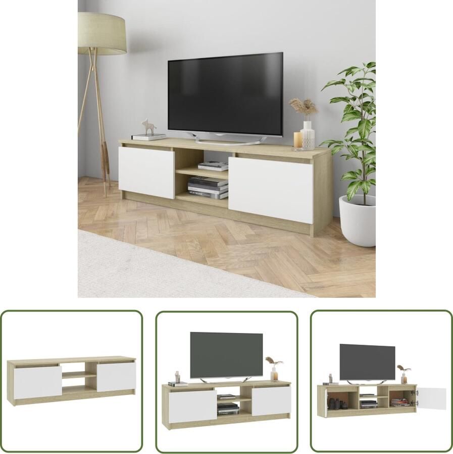 The Living Store TV-meubel klassieke stijl hout en MDF 120x30x35.5 cm wit en sonoma eiken Tv-meubel Klassieke Tv-meubel Houten Tv-stand Tv-kasten Salontafel