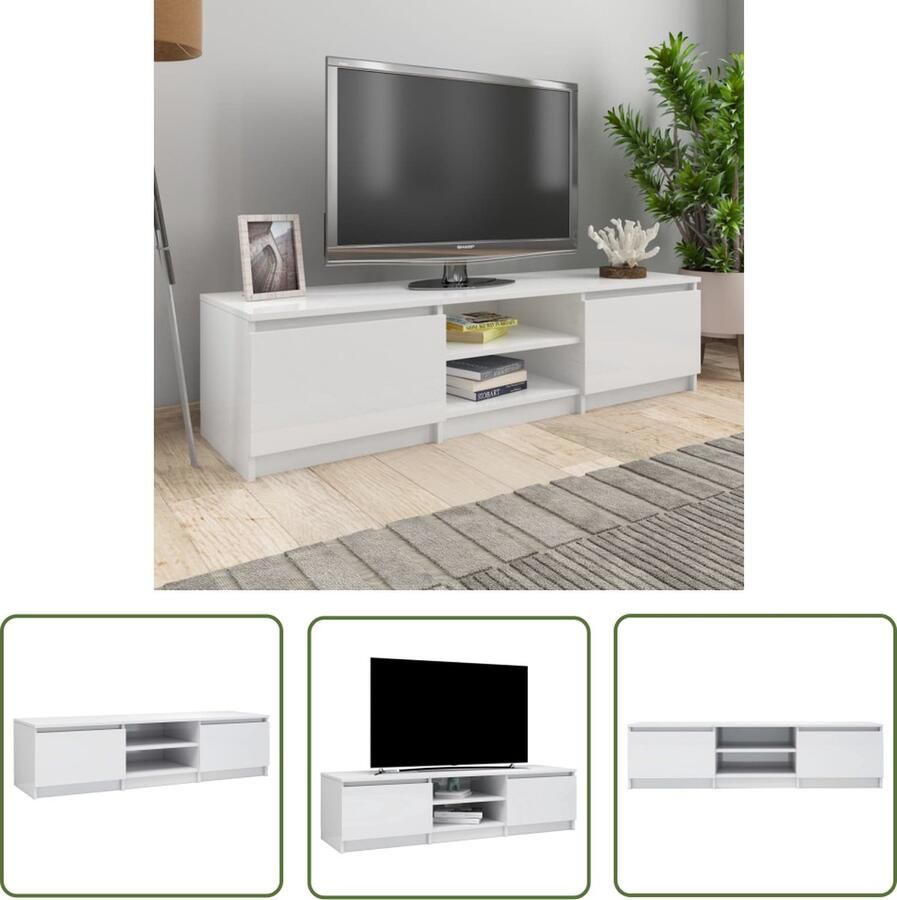 The Living Store TV-meubel Klassiek TV-standaard Afmetingen- 140x40x35.5 cm Kleur- Hoogglans wit Materiaal- Bewerkt hout Tv-meubel Klassieke Tv-standaard Houten Tv-meubel Tv-kasten Media-kast - Foto 2