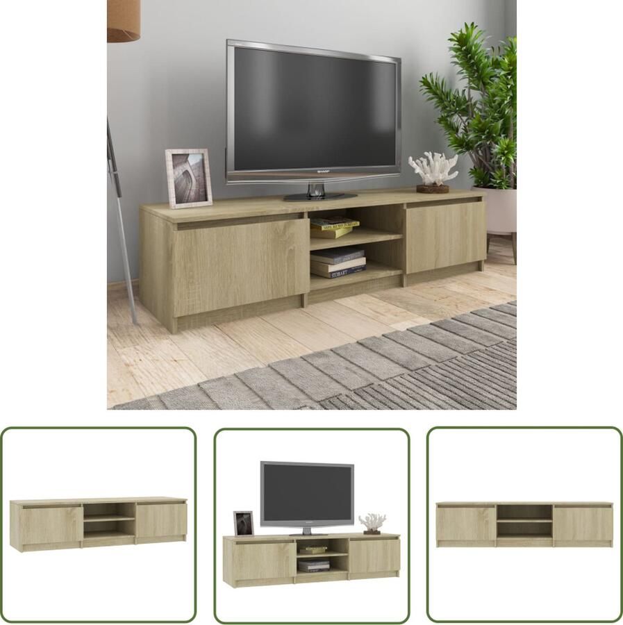 The Living Store TV-meubel Classic 140x40x35.5 cm eikenhout 2 deuren 2 open vakken Tv-meubel Salontafel Houten Meubels Media Kast Entertainment Center - Foto 2