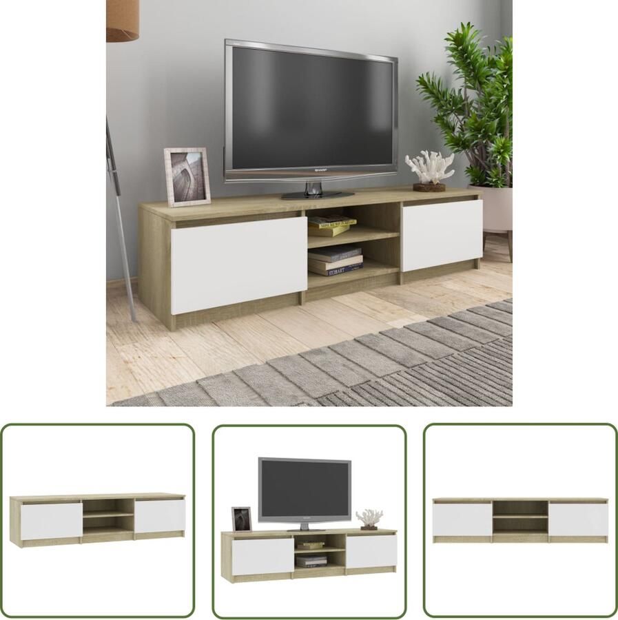The Living Store Tv-meubel 140x40x35 5cm bewerkt hout wit en sonoma eikenkleurig Tv-meubel Klassieke Tv-kast Houten Tv-meubel Tv-tafel Salontafel