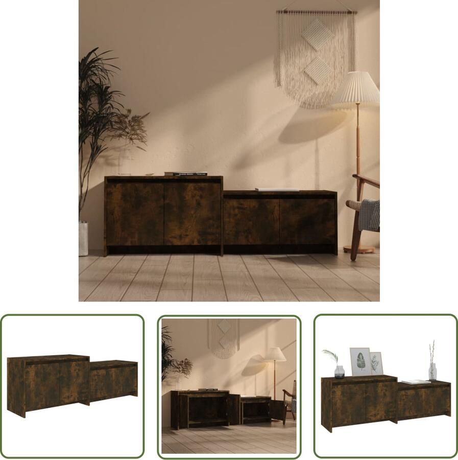 The Living Store Tv-meubel Salsa Tv-kast Gerookt eiken 146.5 x 35 x 50 cm 4 deuren Tv-meubel Houten Tv-meubel Tv-kast Media-kast Livingroom Meubilair - Foto 2