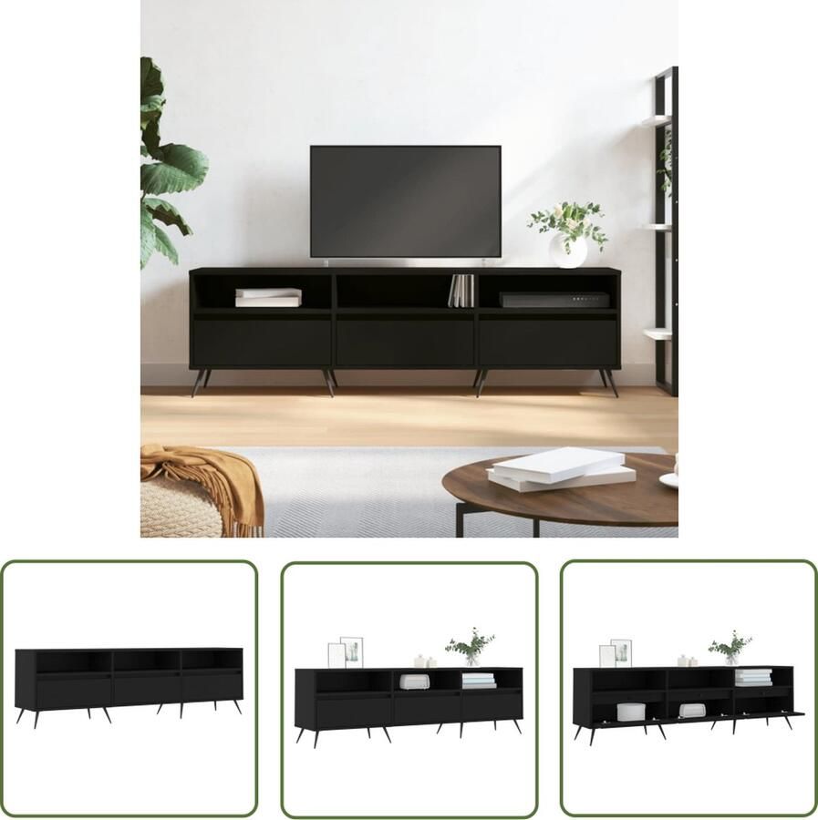 The Living Store TV-meubel Zwart 150 x 30 x 44.5 cm Bewerkt hout en ijzer Tv-meubel Houten Tv-meubel Zwart Tv-meubel Tv-tafel Media Kast - Foto 2