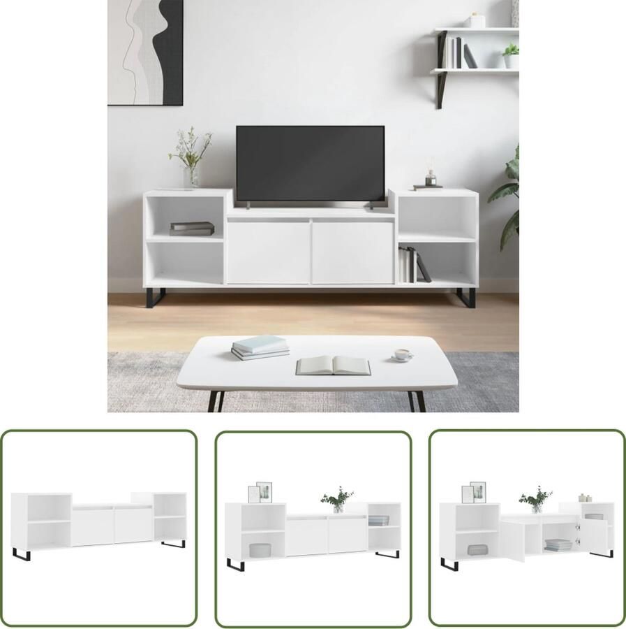 The Living Store Tv-meubel 160 x 35 x 55 cm Wit Bewerkt hout en metaal Tv-meubel Salontafel Houten Tv-kast Media Kast White Furniture - Foto 2