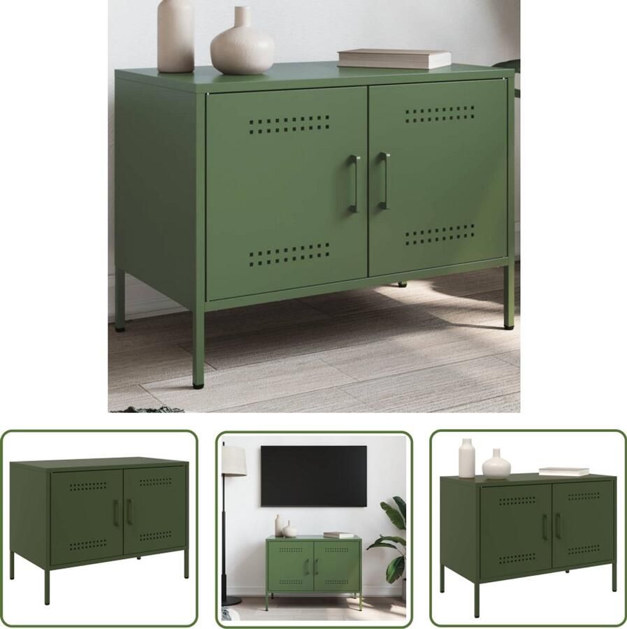 The Living Store Tv-meubel 68x39x50 5 cm staal olijfgroen Tv-meubel Industrieel Tv-meubel Robuuste Tv-stand Televisie Kast Metalen Tv-meubel