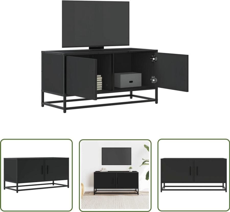 The Living Store Tv-meubel 80x34 5x40 cm bewerkt hout en metaal zwart Tv-meubel Salontafel Mediabox Houten Tv-meubel Black Furniture