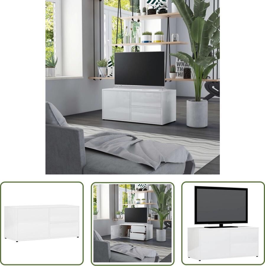The Living Store Tv-meubel Classic Hoogglans wit 80x34x36 cm 2 lades en 1 vak Tv-meubel Salontafel Meubilair Houten Tv-standaard Media-console - Foto 2