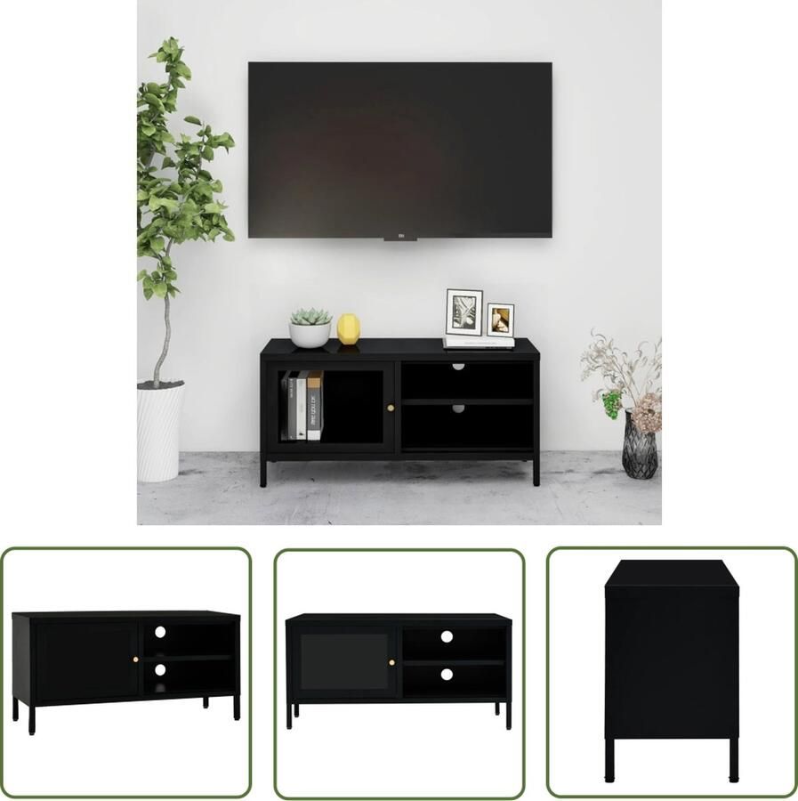 The Living Store TV-kast 90 x 30 x 44 cm zwart stalen constructie Tv-kast Televisiecast Salontafel Meubilair Zwarte Tv-kast - Foto 2