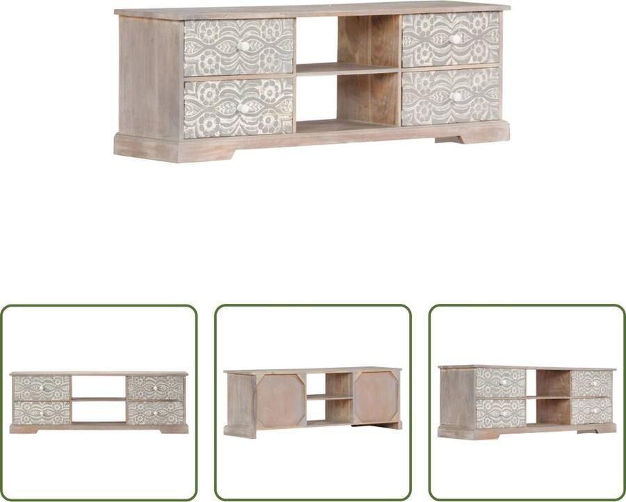The Living Store Tv-meubel Acacia 120x30x40 cm wit grijs handgesneden patronen 2 vakken en 4 lades - Foto 4
