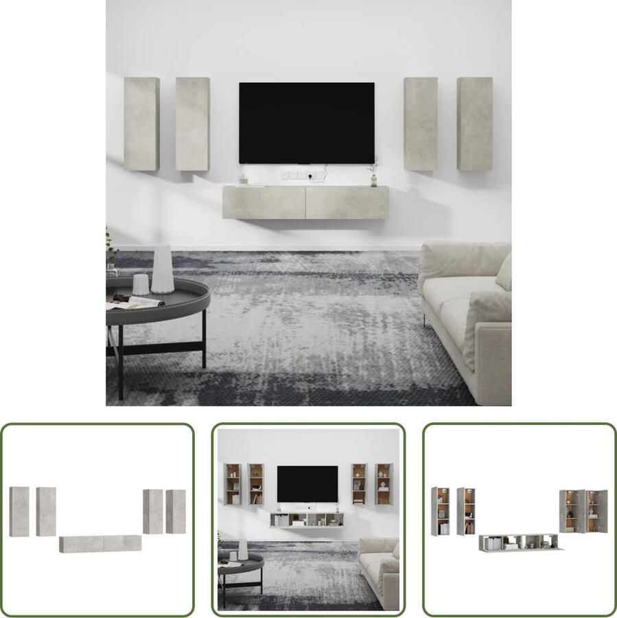 The Living Store vidaXL 6-delige Tv-meubelset bewerkt hout betongrijs Tv Meubel Tv Kasten Hifi Meubel Houten Tv Kast Grijze Tv Kast