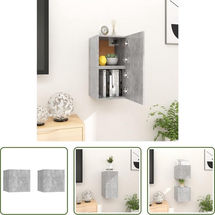 The Living Store TV-meubelset wandmontage opbergvak betongrijs bewerkt hout 30.5 x 30 x 30 cm deur links rechts - Foto 2