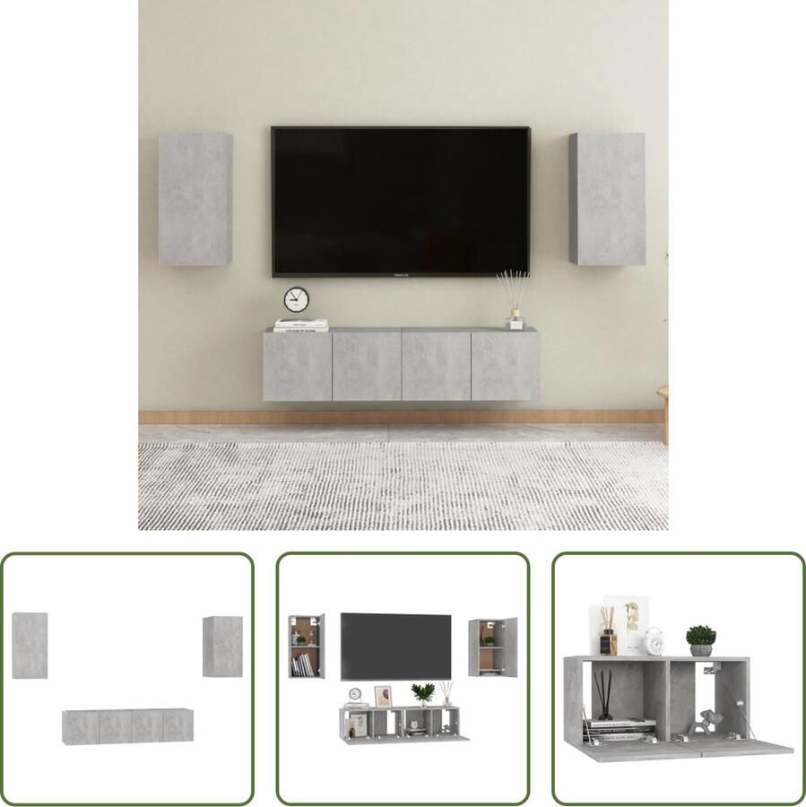 The Living Store TV-meubel Betongrijs Stereokast Muurbevestiging 2x 60cm + 2x 30cm Spaanplaat Eenvoudig onderhoud - Foto 2