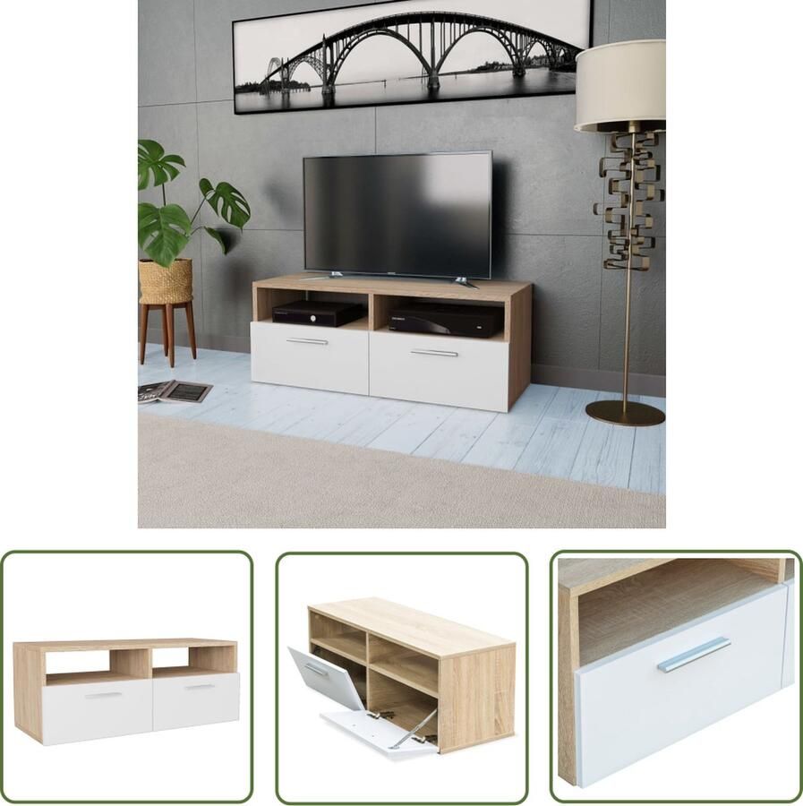 The Living Store vidaXL Tv-meubel 95x35x36 cm bewerkt hout eikenkleurig en wit Tv-meubel Houten Tv-standaard Tv-kast Media Kast Livingroom Meubilair - Foto 2