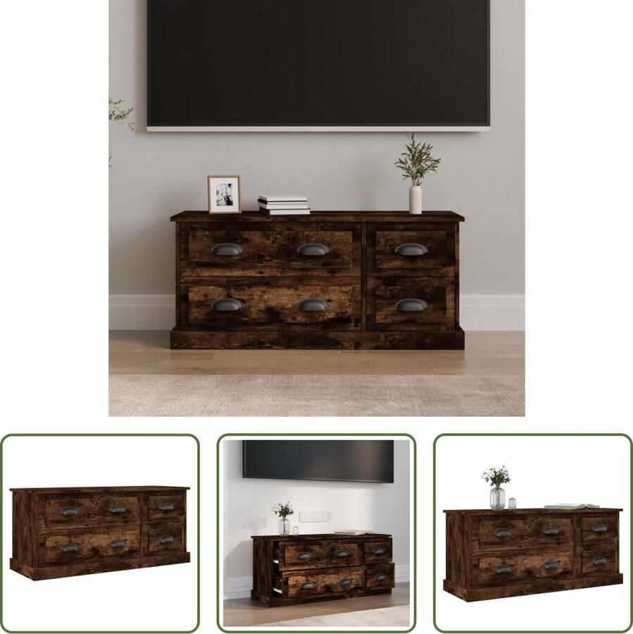 The Living Store TV-meubel Gerookt eiken 100 x 35.5 x 45 cm Opbergkast met 4 lades - Foto 2