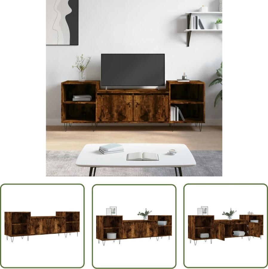 The Living Store Tv-meubel 160x35x55 cm bewerkt hout gerookt eikenkleurig Tv-meubel Houten Tv-meubel Tv Stand Media Kast Salontafel - Foto 2