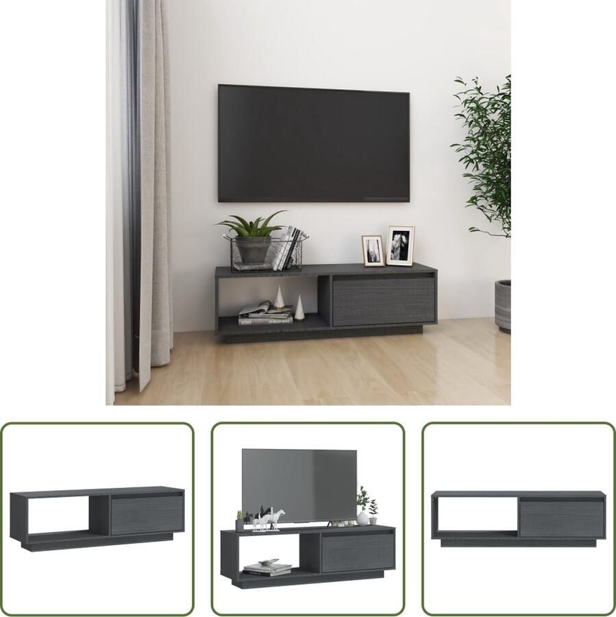 The Living Store Houten tv-meubel Grijs Grenenhout 110 x 30 x 33.5 cm Lades en opbergschappen - Foto 2