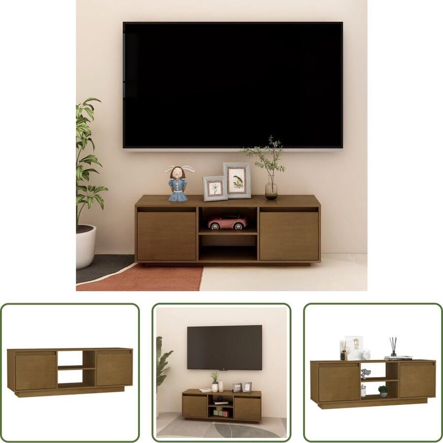 The Living Store TV-meubel Grenenhout 110x30x40 cm Hifi kast met lades en opbergschappen - Foto 2