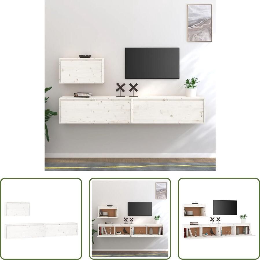 The Living Store Klassieke Televisiekast Hangkast van Massief Grenenhout Trendy en Praktisch Wit - Foto 2