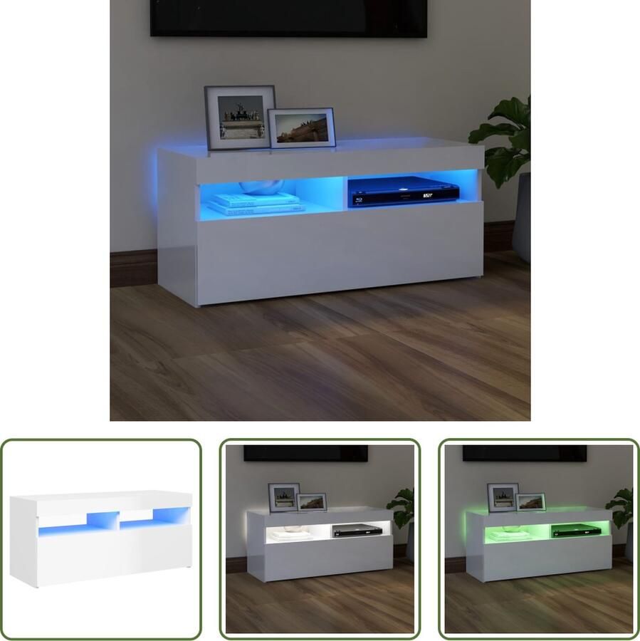 The Living Store Tv-meubel Hifi-kast 90 x 35 x 40 cm Hoogglans wit RGB LED-verlichting - Foto 2
