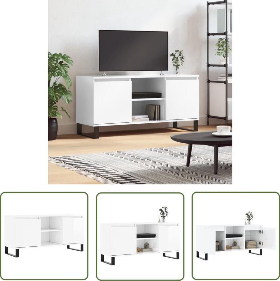 The Living Store TV-meubel hoogglans wit 104 x 35 x 50 cm bewerkt hout en ijzer - Foto 2