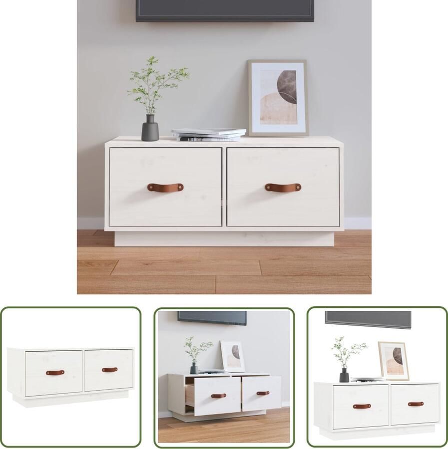 The Living Store TV-meubel Massief grenenhout Wit 80x34x35 cm Ruime opbergruimte - Foto 2