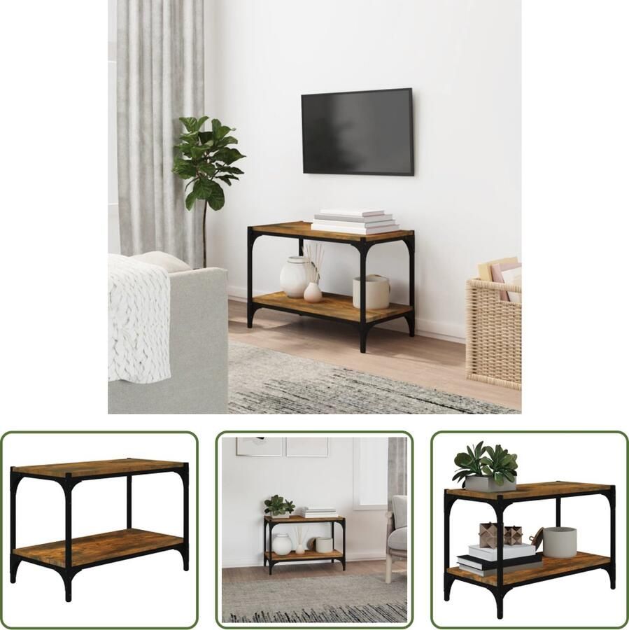 The Living Store Tv-meubel 60x33x41 cm bewerkt hout en staal gerookt eikenkleur Kast - Foto 2